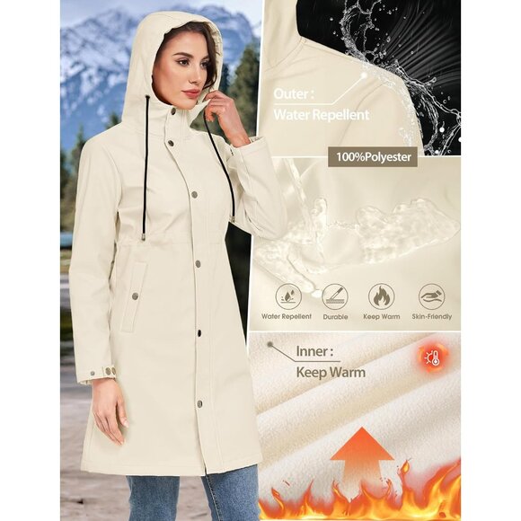 Women's Softshell Long Rain Jacket Waterproof Fleece Lined Windbreaker Lightweig - Picture 2 of 6